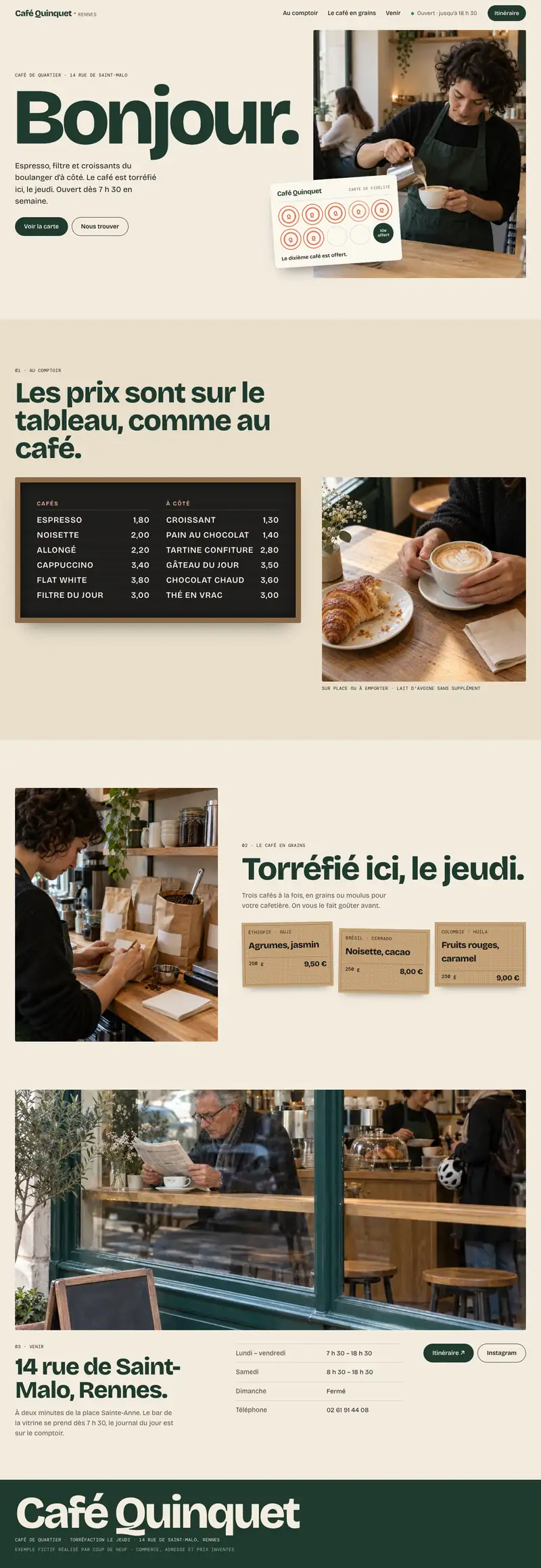 Page entière du nouveau site de Café Quinquet, de l'en-tête au pied de page (exemple fictif)