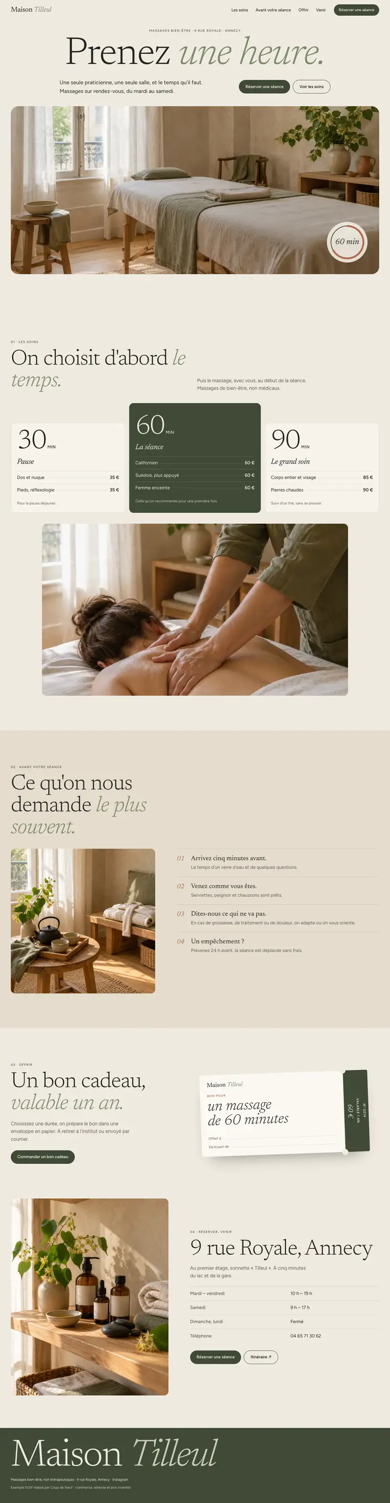 Page entière du nouveau site de Maison Tilleul, de l'en-tête au pied de page (exemple fictif)