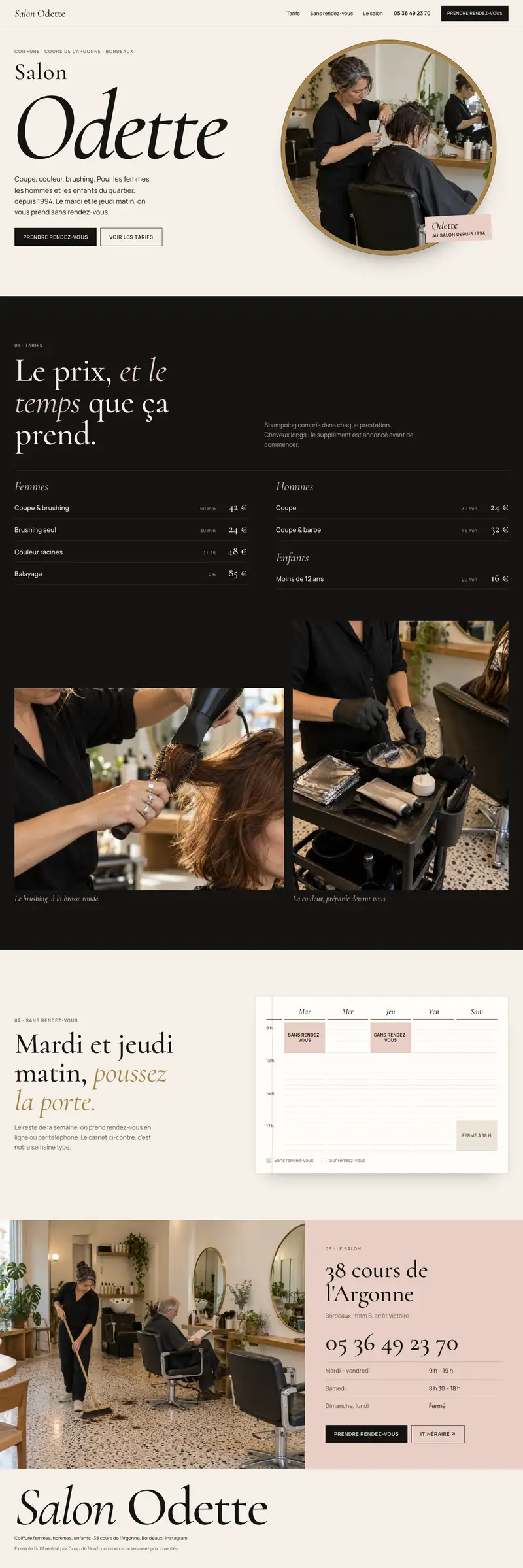 Page entière du nouveau site de Salon Odette, de l'en-tête au pied de page (exemple fictif)